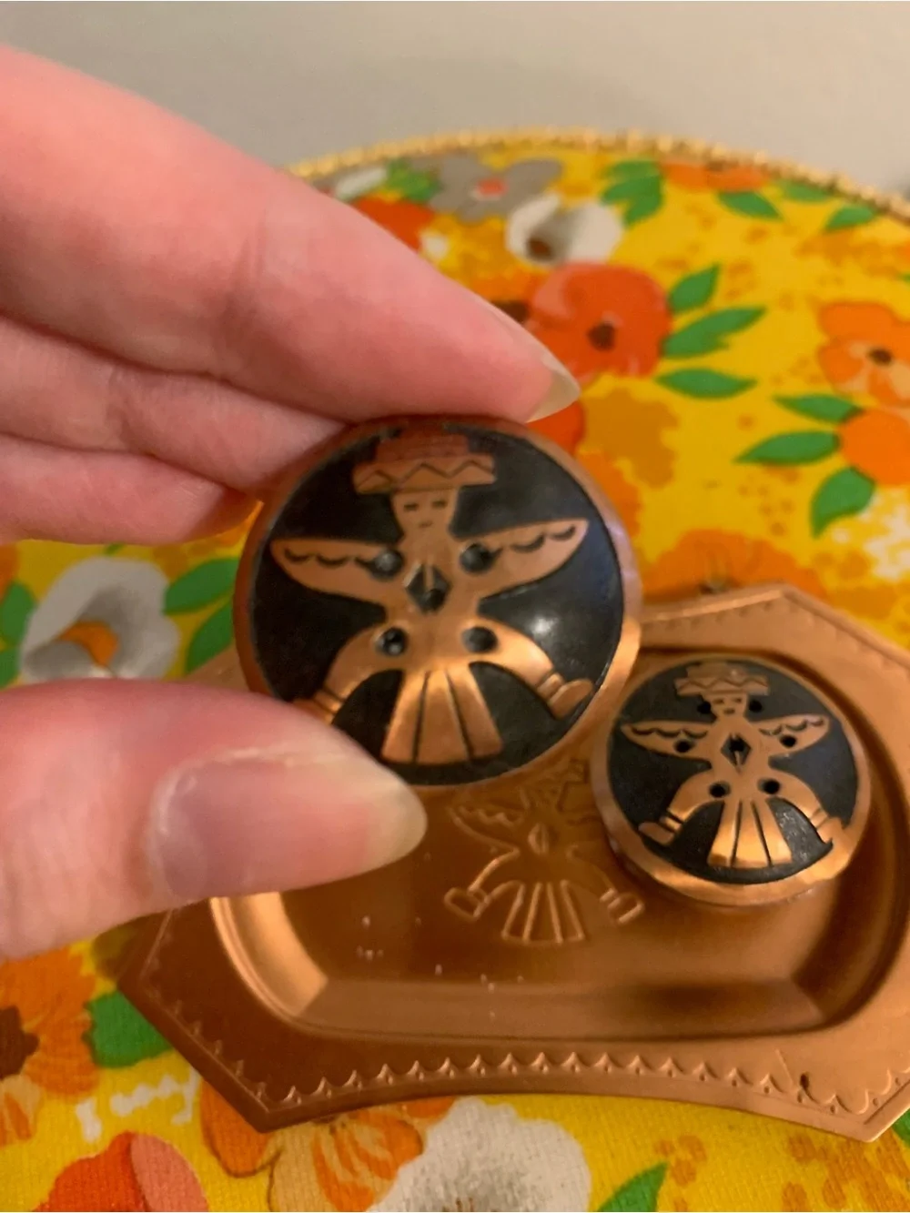 Vintage copper Native Motif salt and pepper shakers